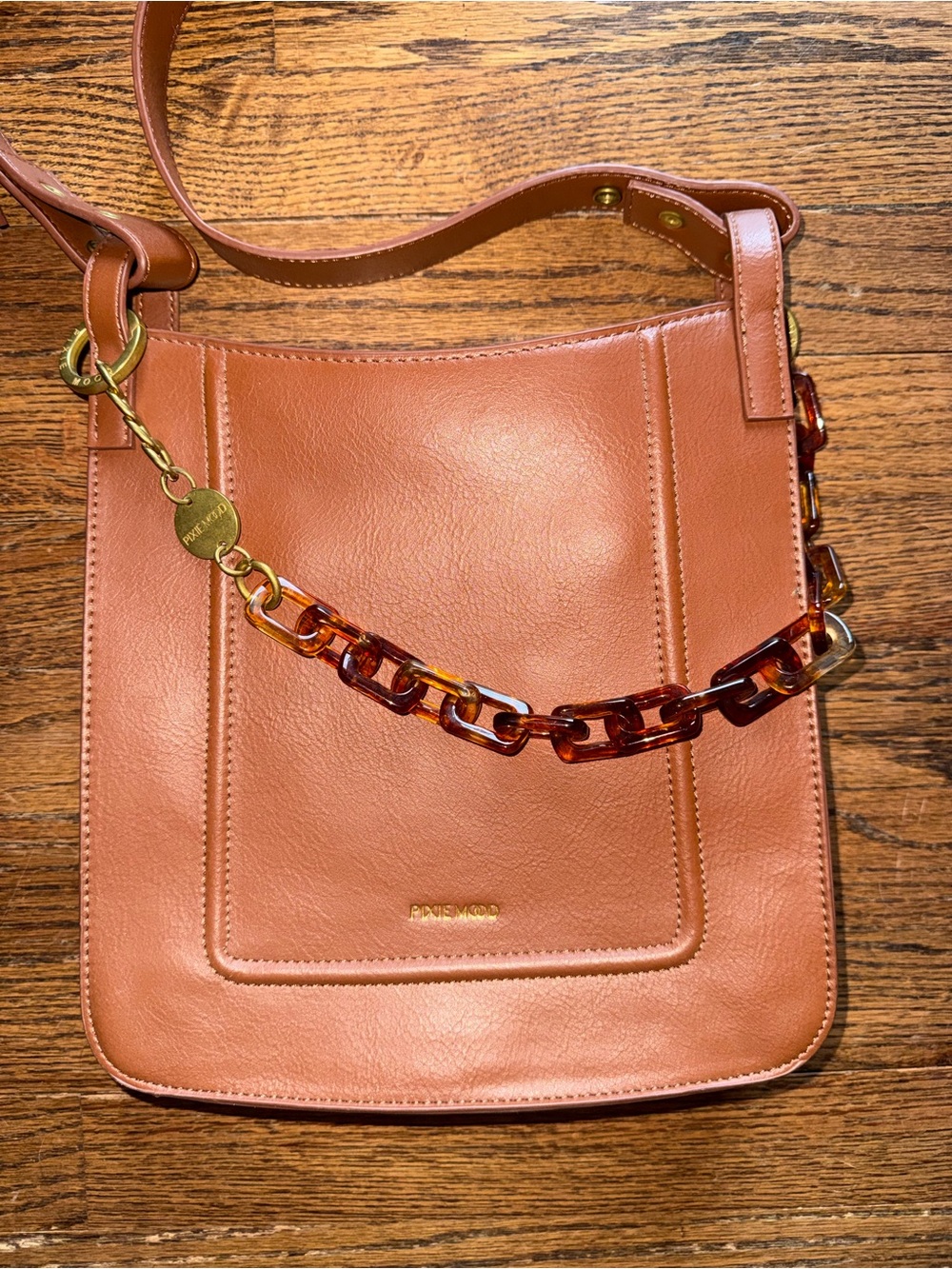 Pixie Mood Leather Crossbody in Warm Cognac with Tortoiseshell Chain